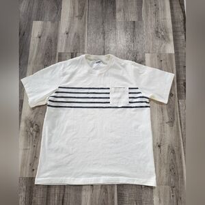 White Short-Sleeve Tee with Navy Stripes and Pocket